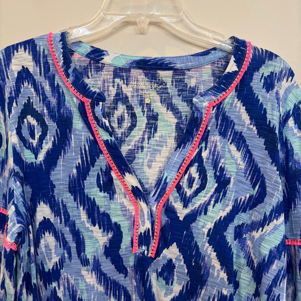 Lilly Pulitzer Blue Kalissa 100% Cotton Tunic Size M Hot Pink Trim Abstract - Picture 2 of 9